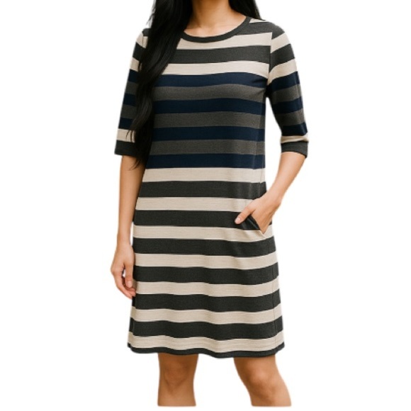 TOMMY HILFIGER Knit Dress Grey Ivory Navy Blue Stripe Boat Neck Preppy Size M - Picture 1 of 8
